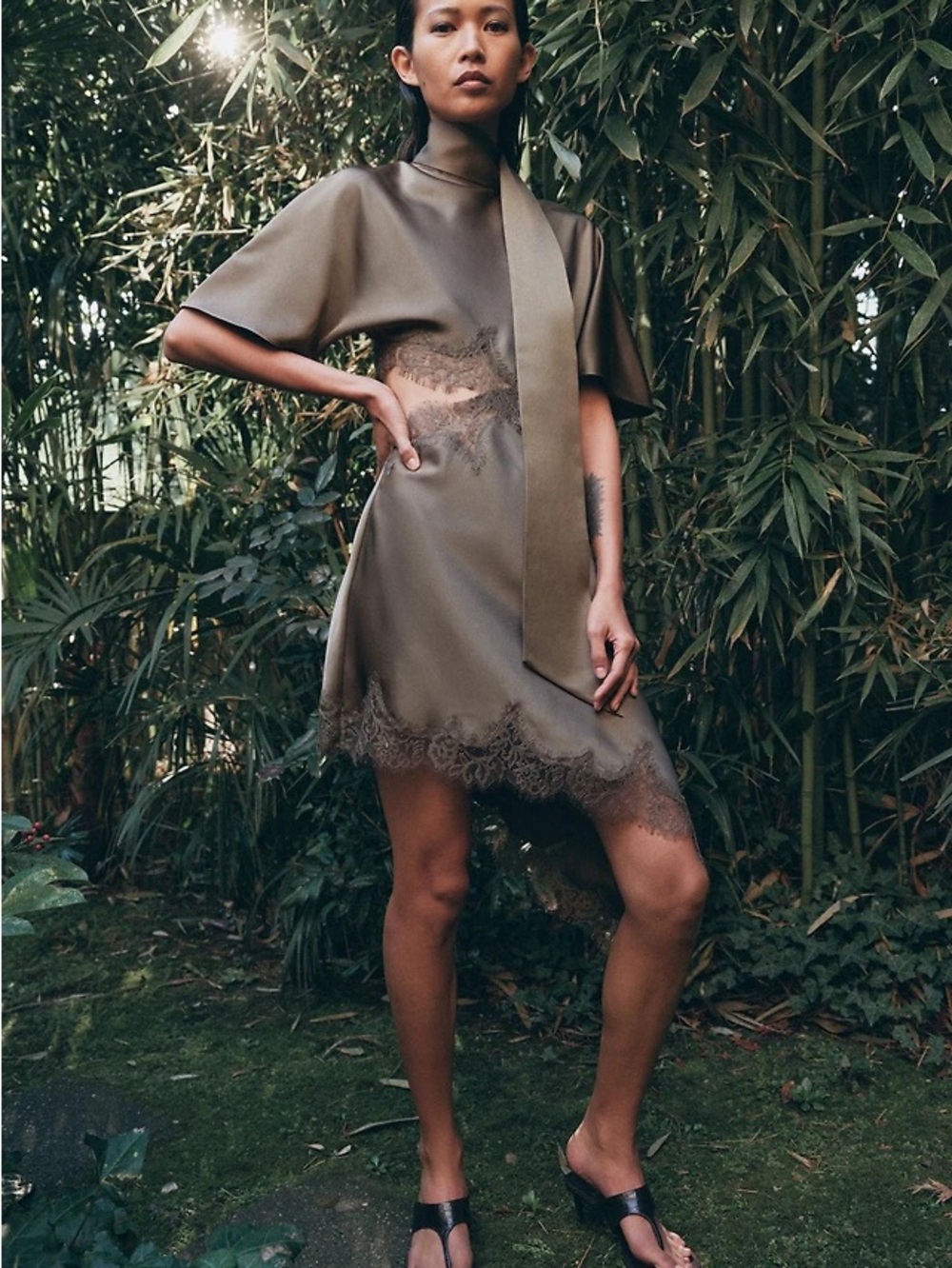 Zara Olive Satin Mini Dress with Lace Trim and Neck Scarf